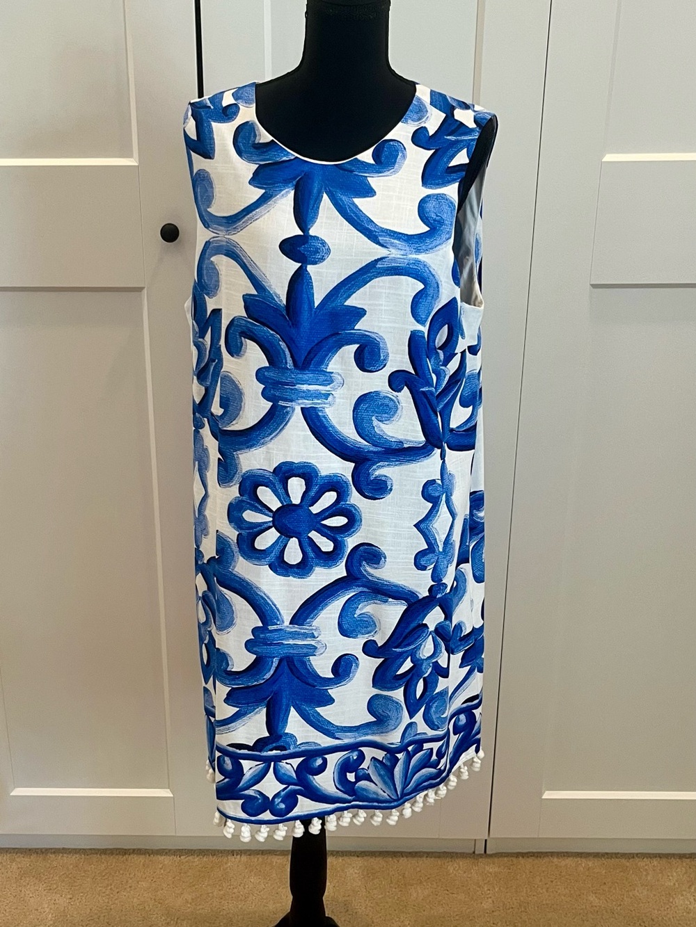 Farmer’s Market Classic Blue & White  Sleeveless Midi Dress with Pom Pom Trim XL